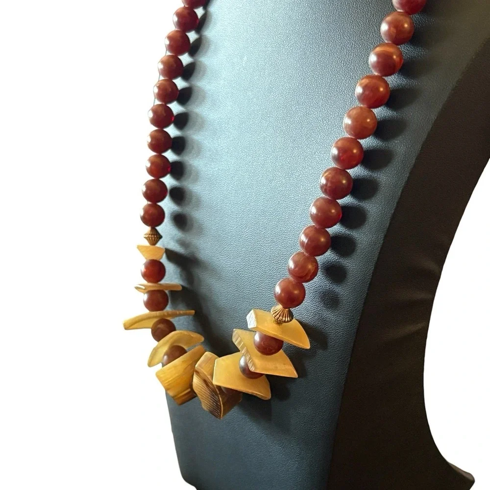 Chunky Lucite Necklace Faux Tiger Amber &‎ Bone Statement Tribal Signed M.E. VTG